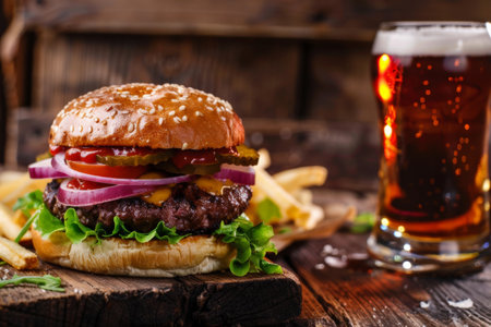 Hamburger and beer on table classic staple food pairingの素材