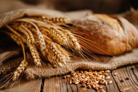 Wheat ears. The concept of a good harvest and baking breadの素材