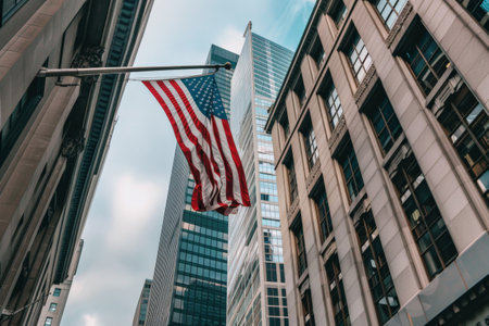 US flag flying in city street amidst towering buildingsの素材