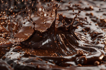 Splashes of chocolate. Chocolate bar is poured into melted chocolate pileの素材