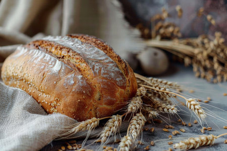 The concept of baking bread. Various breads and wheat varieties displayed on the tableの素材
