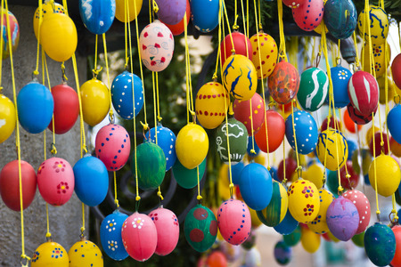 Easter eggs. Easter fountain decorated with Easter eggs.の写真素材