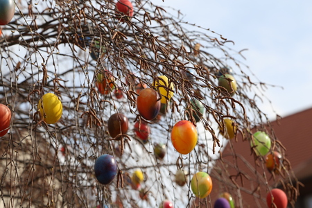 Fountain decorated Easter eggs / Well decorated Easter eggsの写真素材