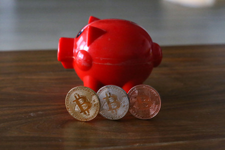 Bitcoin. Physical bit coin. Digital currency. Crypto currency.の写真素材