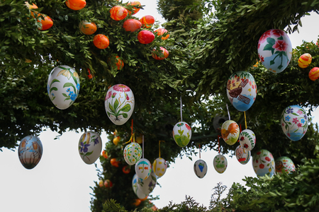 Fountain decorated easter eggs / Well decorated easter eggsの写真素材