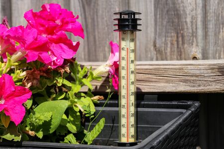Thermometer shows heat on a hot day.