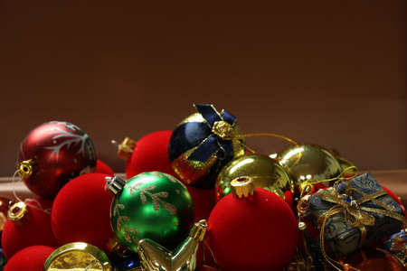 Christmas composition of bright multi-colored Christmas tree decorations