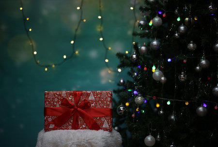 Christmas gift on the background with a decorated Christmas tree