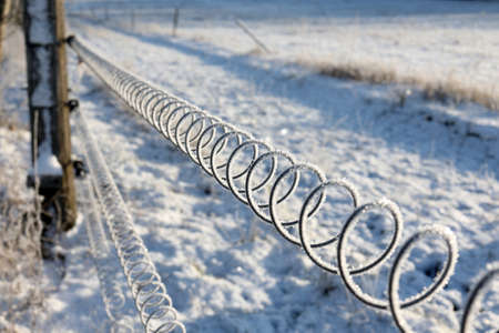 Parts of the electric fence are covered with frost on a frosty day