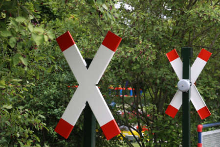 Signs on a railway crossing unequipped with a barrier.の写真素材