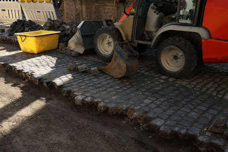 Works on the street for the restoration of the pavement.