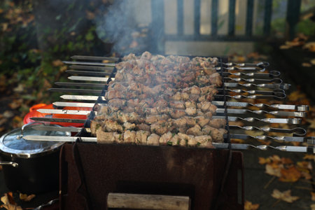 Meat on skewers is fried on the grill.の写真素材
