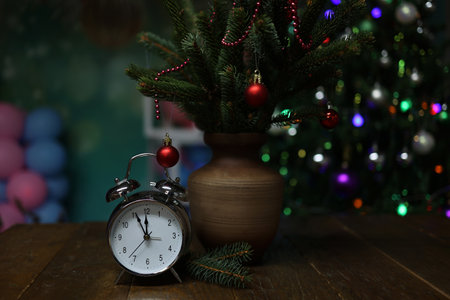 New year cozy interior with Christmas tree and garlandsの写真素材