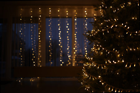 The room is decorated with a Christmas tree and garlands.の写真素材