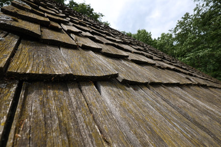 Traditional wooden roof tile of old house.の写真素材