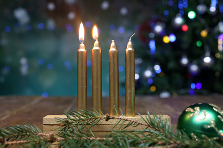 Advent Season, four candles burning. Advent backgroundの写真素材
