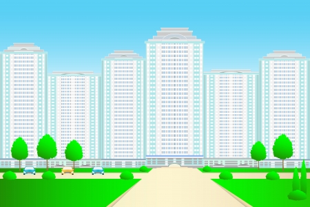 Landscape with new skyscrapers and street on blue sky backgroundのイラスト素材