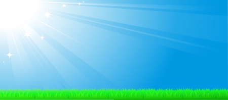 blue sky background with sun beam, green grass and space for textのイラスト素材