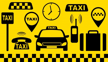 transport set of taxi objects silhouette on yellow backgroundのイラスト素材