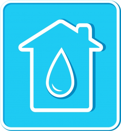  blue sticker with big water drop and house silhouetteのイラスト素材