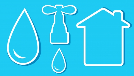  set of water objects on blue stickers with drop, house and tapのイラスト素材