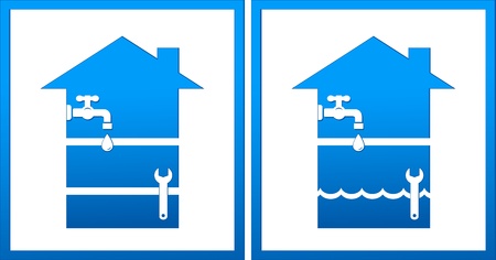  set with house, plumbing wrench, water drop and waveのイラスト素材