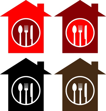  set of colorful house with restaurant sign and utensilのイラスト素材