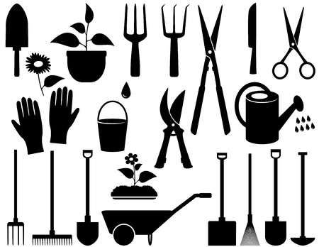 agricultural set with black isolated garden toolsのイラスト素材