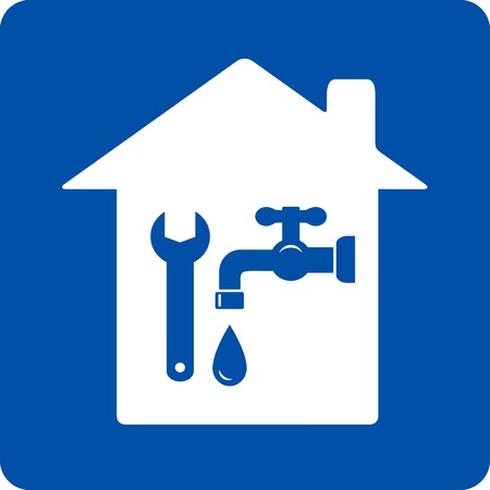 blue plumbing symbol with house, tap and wrenchのイラスト素材