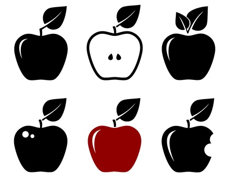 set of black apple silhouette on white backgroundのイラスト素材