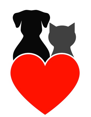 dog, cat silhouette and red heart on white のイラスト素材
