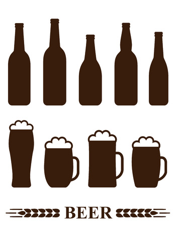 set of isolated beer bottle and mug silhouette with foamのイラスト素材