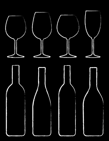 chalk wine bottle and glass set hand drawing on black chalkboardのイラスト素材