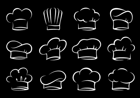 white hand drawn isolated chef hat set on black backgroundのイラスト素材