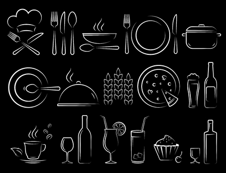 hand drawn restaurant cafe icons set with plate, fork, knife, cutlery in chalkboard styleの写真素材