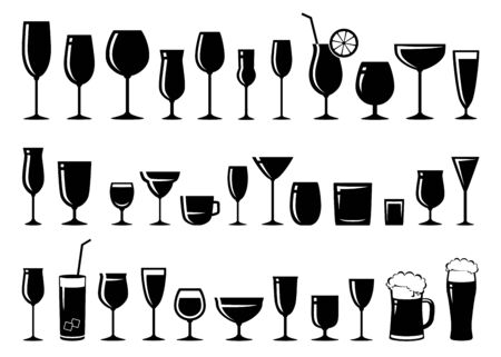 black glossy silhouettes set of glasses for wine, cocktail, beer, liquor, sherry, brandy, margarita cocktail, cognac, champagne, martini, vodka, whiskeyのイラスト素材