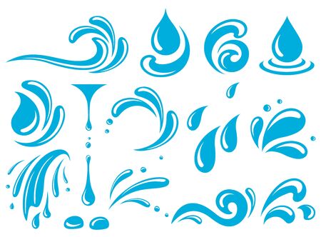 set of blue drops, splash, sea waves, pouring water, spray icons and design elements on white backgroundのイラスト素材