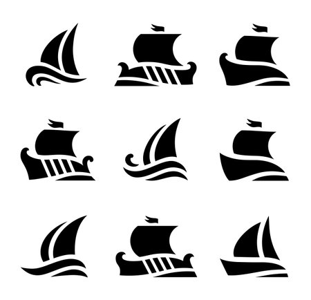 set icons of historic sailboats in seaのイラスト素材