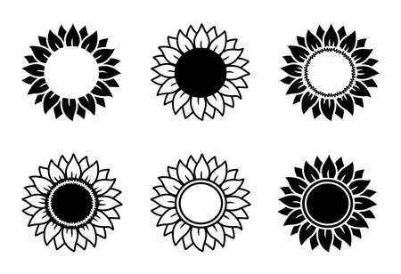 Sunflower silhouettes set of black icons of flowersのイラスト素材