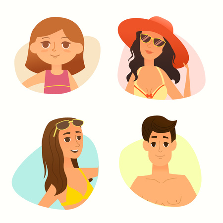 Summer vacation. Vector illustration of kids on the beach isolated. Cartoon characters of young and adults people in colorful shapes.のイラスト素材