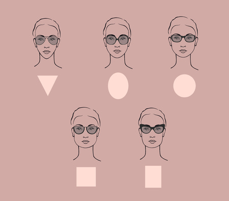 Beauty vector illustration of sunglasses for different faces. Five female face types: round, oval, rectangle, circle, square, triangleのイラスト素材