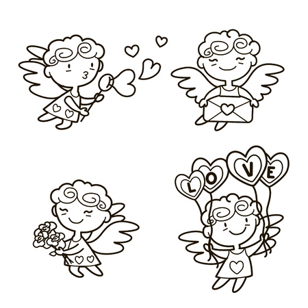 Vector illustration of cute Cartoon cupids. Valentine's day design concept. Cupid angels playing, shoots a bow and giving hearts isolated on white background.のイラスト素材