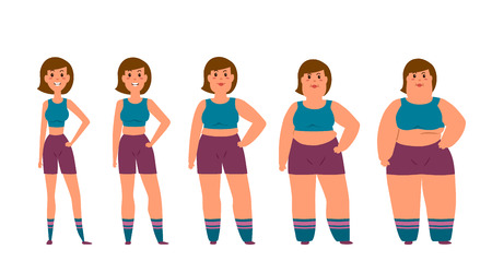 Cartoon funny characters isolated on white background. Vector illustration of fat woman different stages. Obesity process. Health and weight problems. Illustration - weight loss before and after.のイラスト素材