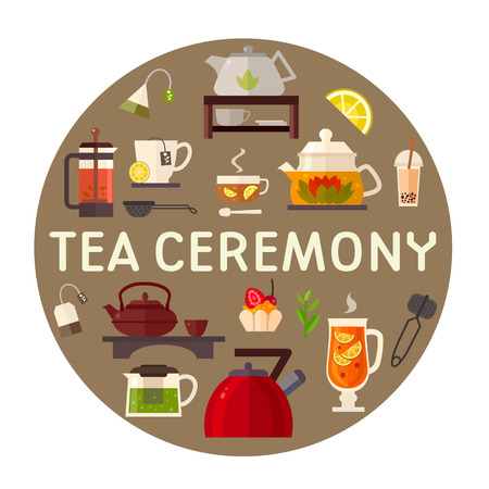 Concept illustration of tea party in circle shape. Tea ceremony with icons isolated on white background. Set of tea accessories: cup, teapot, tea tools, glass in flat style. Tea time vector symbols.のイラスト素材