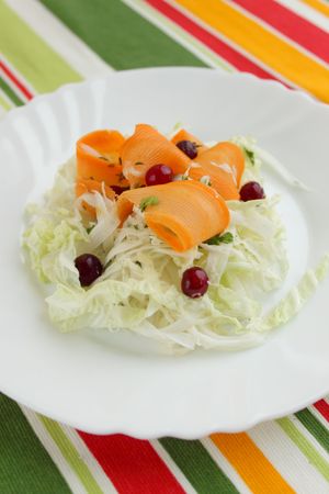 Salad  from the cabbage, the carrot and the cranberry on white to the plateの写真素材