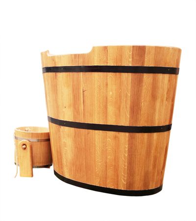 wooden bathtub in barrel shape western styleの写真素材