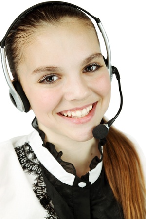 Young beautiful call center female operator portrait isolated on white の写真素材
