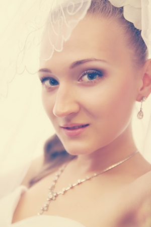 Portrait of a beautiful bride closed veil,tintedの写真素材