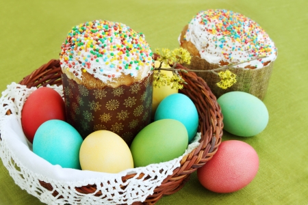 Easter cakes with eggs, festive still life 