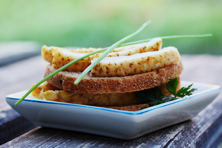 Canapes of Ukrainian lard with garlic and herbs